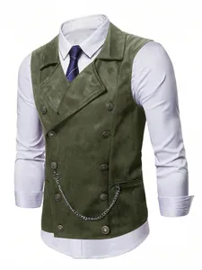 Detail of men's double-breasted green suede business vest with silver decorative chain.