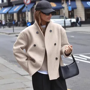 Women Casual Polyester Double Breasted Woolen Coat British Style Elegant Lapel Outerwear Fashion Short Jacket Top