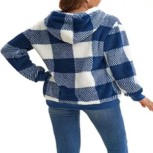 Detailed back view of a cozy blue and white checkered plush hooded jacket for winter