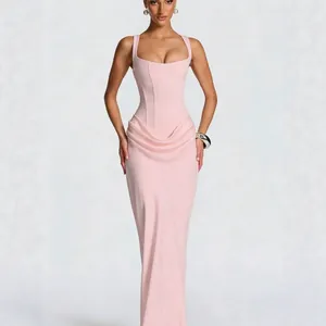 Elegant light pink sleeveless slim fit evening dress with draped waist and square neck.