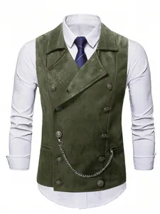 Close-up detail of men's double-breasted green suede vest with decorative chain.