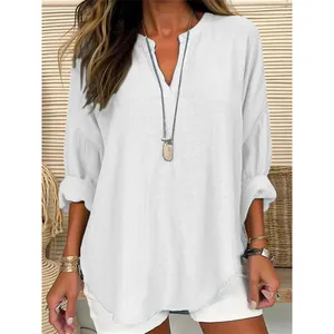 Blusa Casual de Algodón y Lino para Mujer Escote en V con Cuello Alzado Camisa Manga Larga Color Sólido Jersey Top Boho