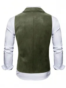 Back view of a classic olive green suede men's business waistcoat over white shirt