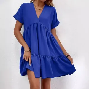 Robe d'été décontractée pour femme, col en V, bleu royal, coupe trapèze à volants