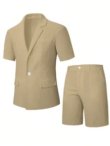 Ensemble blazer à manches courtes et short chic pour homme en tissu texturé de ton kaki