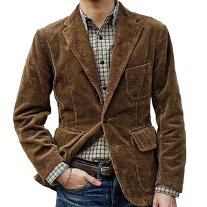 Klassieke bruine corduroy blazer voor heren, casual vintage jack met zakken en knopen