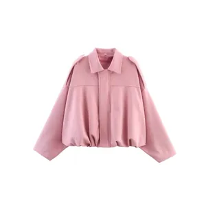Pink faux suede bomber jacket for women with lapel collar and elastic hem