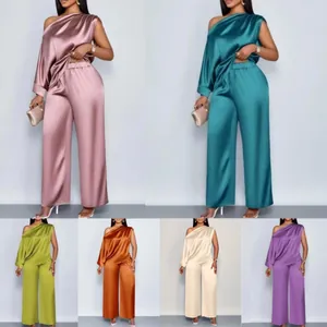 Dames Casual Satijnen Twee Delige Set Diagonale One Shoulder Top En Hoge Taille Wijde Pijpen Broek Zomer Vakantie Outfits