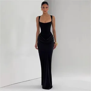 Elegant black sleeveless square neck maxi dress with draped detail and slim fit style.