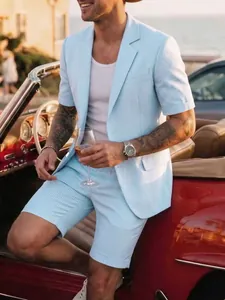 Ensemble blazer à manches courtes et short à carreaux bleu clair pour homme
