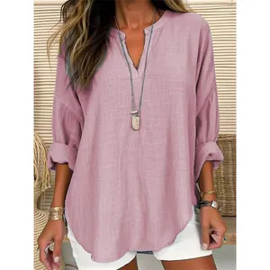Camisa holgada de lino y algodón de manga larga con cuello alto y escote en V malva rosa