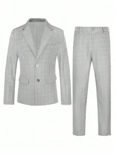 Elegant grey checkered business casual suit set with blazer and matching trousers