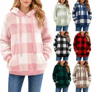 Women Plaid Hooded Fleece Jacket Loose Fit Pullover Long Sleeve Hoodie Sweatshirt With Pocket Warm Winter Top