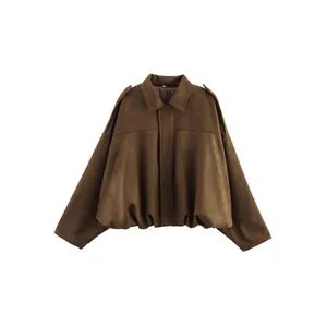 Vintage brown suede textured bomber jacket with lapel collar and puffy elastic hem