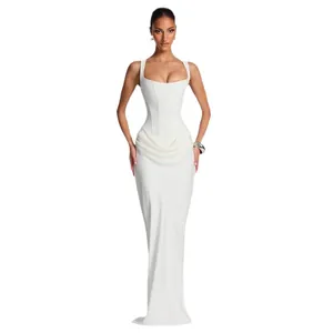 Elegant white sleeveless square neck maxi dress with a ruched corset waist design for women.