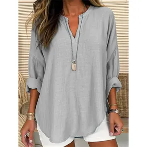 Camisa casual de algodón y lino gris con cuello en V y cuello levantado para mujer
