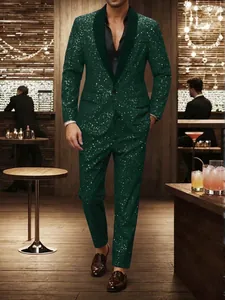 Emerald green sparkling men's suit set with shawl lapel for banquet weddings