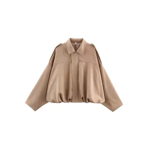 Women's brown suede texture lapel zipper bomber jacket for spring and autumn wear