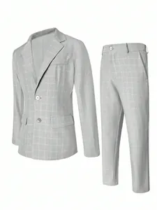 Professional men's light grey plaid business suit set with a jacket and trousers