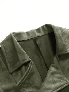 Macro close-up view of olive green suede vest collar showing premium stitching details.