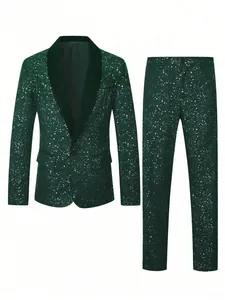 Detailed view of dark green men's suit set with shiny star pattern for party and wedding