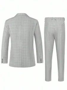 Back view of light grey checkered men's business suit set with slim fit trousers
