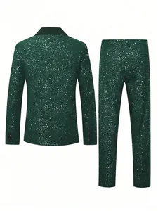 Detailed back view of a sparkling green men's banquet suit set with splatter pattern