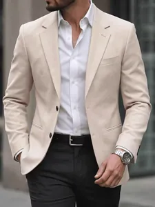 Hochwertige Nahaufnahme eines beigen Slim-Fit-Blazers für Herren für Business und Partys