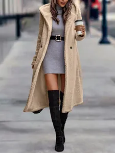 Stilvoller beige langer Damen-Teddy-Fleece-Mantel mit Kapuze für Herbst und Winter