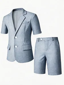Ensemble blazer à manches courtes et short à carreaux bleu clair élégant pour homme