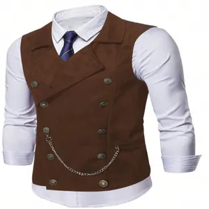 Elegant men's double-breasted brown business vest featuring a decorative metal chain