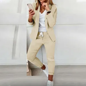 Chic beige two-piece casual suit set for women with blazer and drawstring trousers