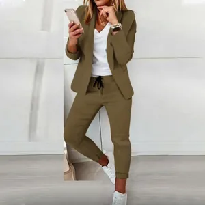 Chic women's casual office two-piece suit set featuring olive green blazer and pants