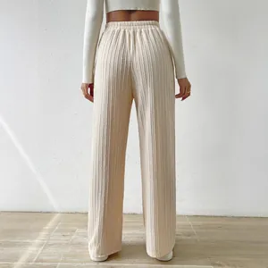 Women high waisted textured knit wide leg pants in beige loose straight trousers