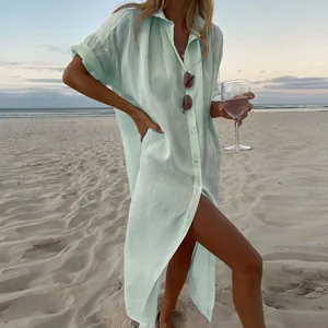 Mint green linen shirt dress beach cover-up detail with button-down front view