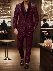 Men's shiny burgundy banquet suit set with sparkle pattern and velvet shawl lapel