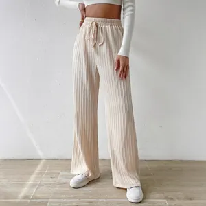 High-waisted cream textured knit wide-leg trousers with drawstring waist for women