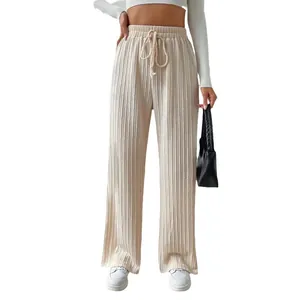 Women's high waist textured knit wide-leg pants with elastic drawstring waist in beige
