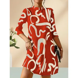 Damen Elegantes Mini-Kleid mit Abstraktem Druck Stehkragen Dreiviertelarm Polyester Elasthan Pendler Slim Fit Tunika Kleid Herbstmode