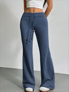 Pantalones de campana de cintura alta con cordón para mujer en azul marino elegante