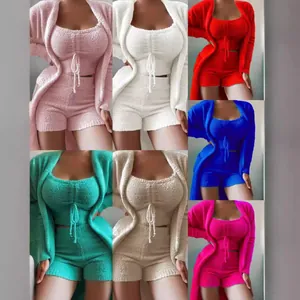 Women's fuzzy 3-piece pajama lounge set with cardigan tank top and shorts