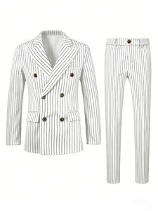 Costume blanc rayé à double boutonnage pour homme, idéal pour dîner d'affaires ou mariage.