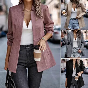 Detail view of women's slim-fit jacquard blazer in multiple colors with chevron pattern
