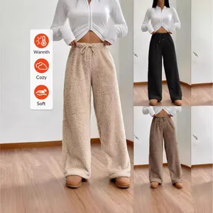 High waist cozy plush fleece wide-leg lounge pants for women available in multiple colors