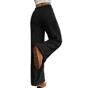 Comfortable black sherpa fleece wide-leg trousers for women with a warm high-waisted design