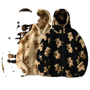 Giacca da donna in peluche con cappuccio e stampa di orsetti in stile cartone animato
