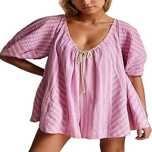 Detail of women's purple striped V-neck romper with front drawstring tie and puff sleeves.