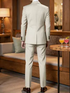 Vue arrière d'un élégant costume homme beige à rayures pour mariage ou affaires.