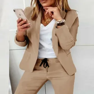 Sophisticated women's khaki two-piece blazer and trousers set for elegant office wear