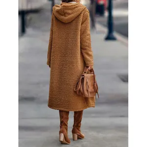 Gemütlicher langer brauner Teddy-Mantel mit Kapuze für Damen Herbst Winter Mode